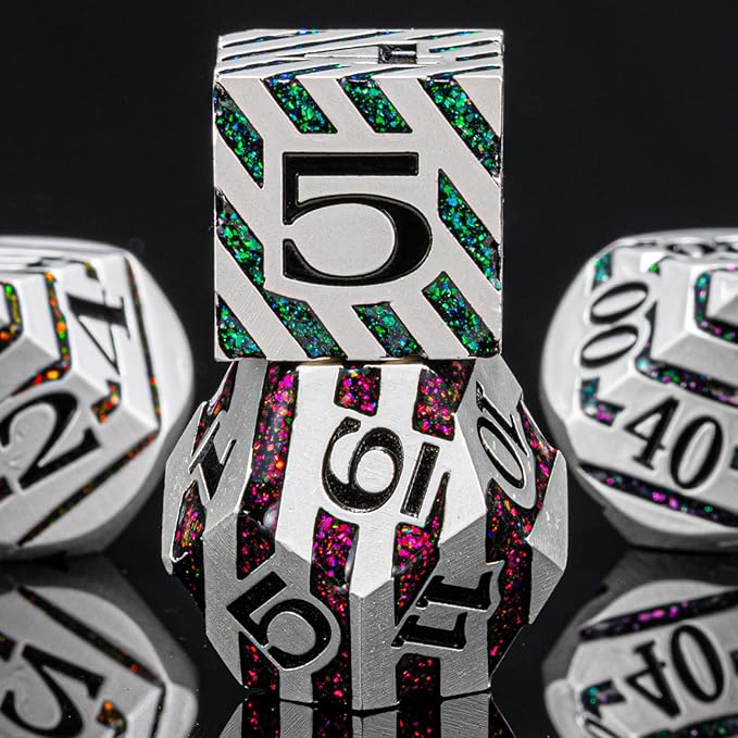 Metallic Stripes Dice with Gift Case, D&D Metal Polyhedral Dice Sets for Tabletop Games (Pearl Silver Seven Colors)