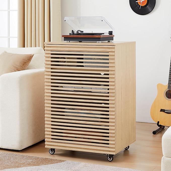 LEVNARY 5-Tier AV Media Cabinet with Grille Door & Adjustable Shelves, Modern Wooden Stereo Rack with Cable Management & Wheels, Audio Video Stand for Living Gaming Room Recording Studio (Natural)