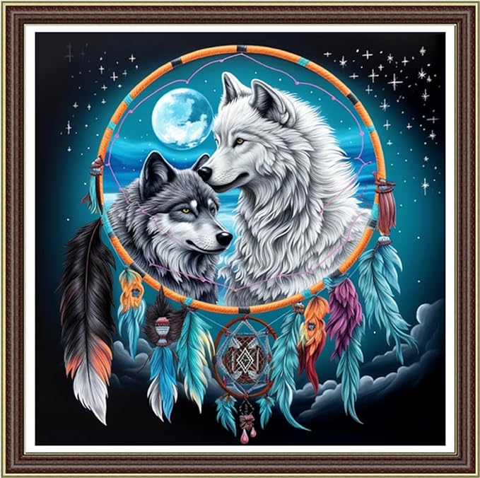 Foxhool Beginners Cross Stitch Kits Stamped Full Range of Embroidery Kits for Adults DIY Cross Stitches kit Embroidery Patterns for Needlepoint kit-Couple Wolf 17.7x17.7 inch