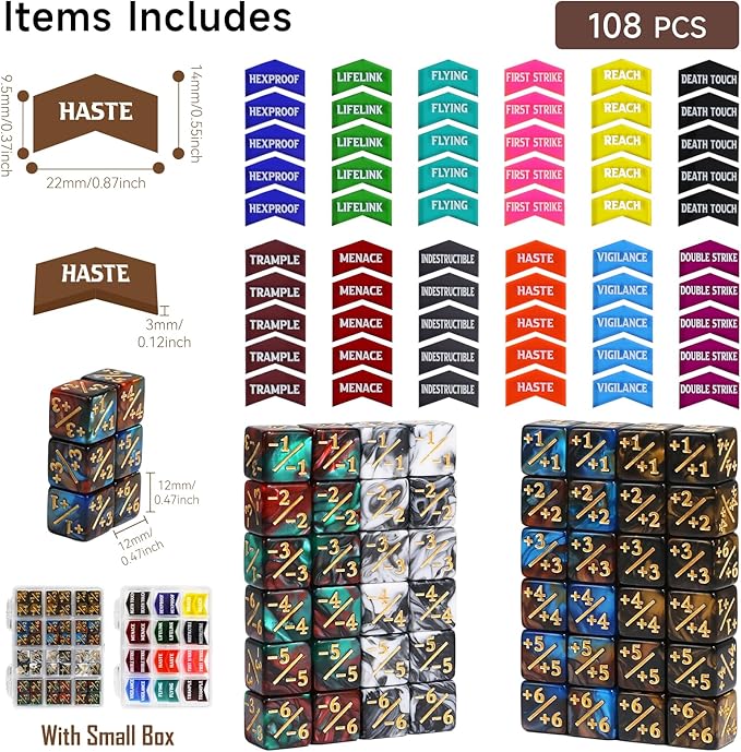 SIXPOINTS 108PCS 12mm MTG Counter Dice +1/+1 Tokens 6 Sided Dice & MTG Keyword Counters Tokens Set for Magic The Gathering, MTG, TCG, Card Games Accessories (4 Color Dices#F + MTG Keyword Counters)