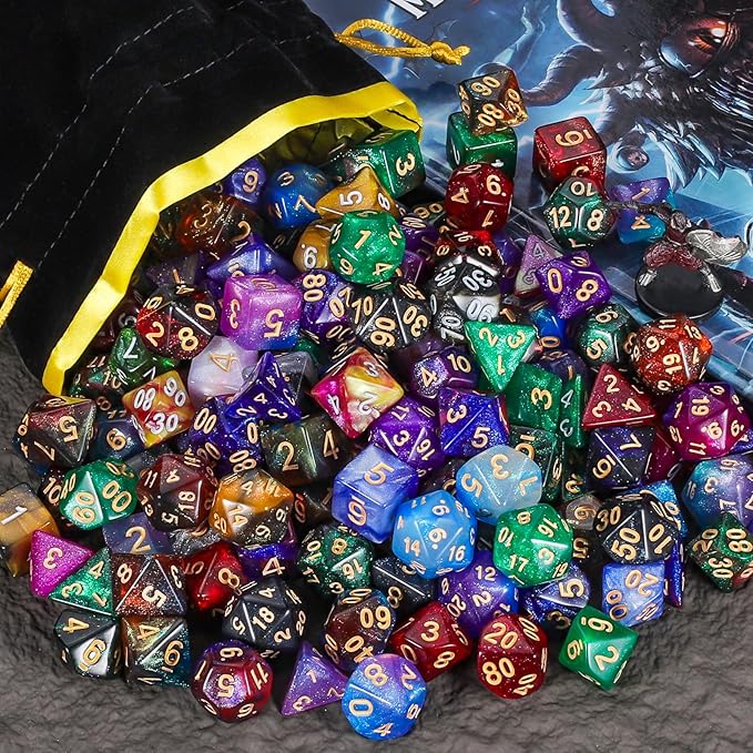 CiaraQ DND Dice Sets - 26 X 7 Polyhedral Dice (182pcs) with a Large Drawstring Bag for Dungeons and Dragons, Role Playing Table Game. Multiple Colors, Glitter Swirl Design with Gold Numbers.