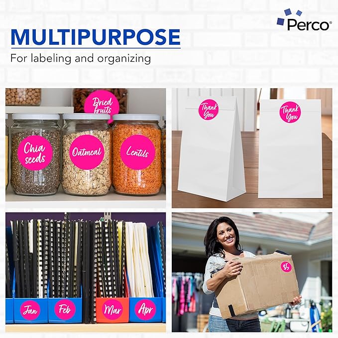 Perco Fluorescent Pink 3-Inch Round Circle Dot Sticker Labels with Easy Peel Perforation - 500 Labels per Roll - Strong Adhesion, Vibrant Colors for Organizing, Crafting & More - Made in USA