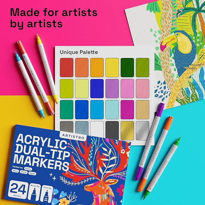 ARTISTRO 12 Dual Tip Brush + Fine Acrylic Paint Markers - Easy for All Ages & Levels Paint Pens for Fabric, Rock, Glass, DIY - Halloween Pumpkin Painting Kit, Art Supplies, Christmas Gift