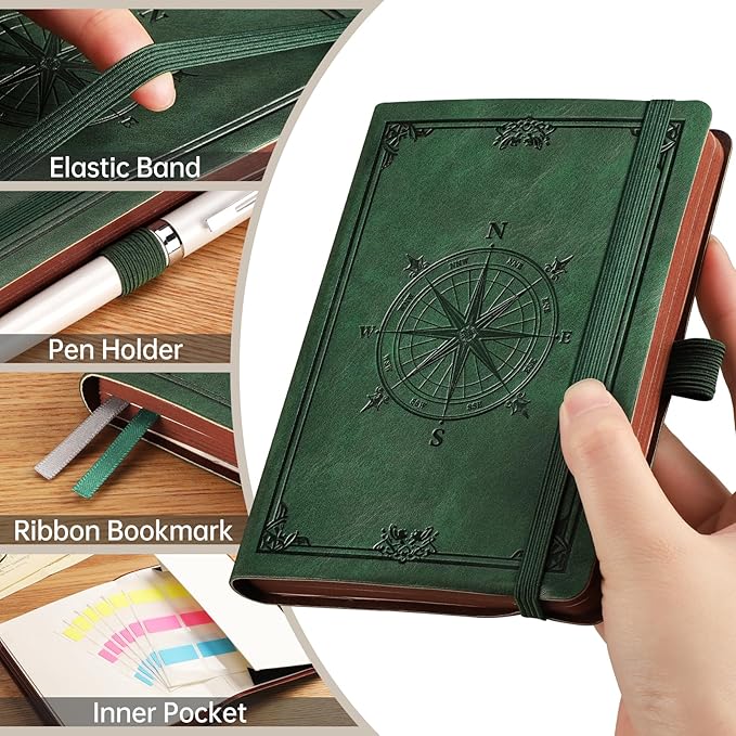 AHGXG Small Blank Pocket Journal Notebook for Men - 256 Numbered Pages B6 Mini Journal, Vintage Soft Leather Hardcover, 80gsm Paper, for Women Work Office School, 4.1'' X 5.7''- Dark Green