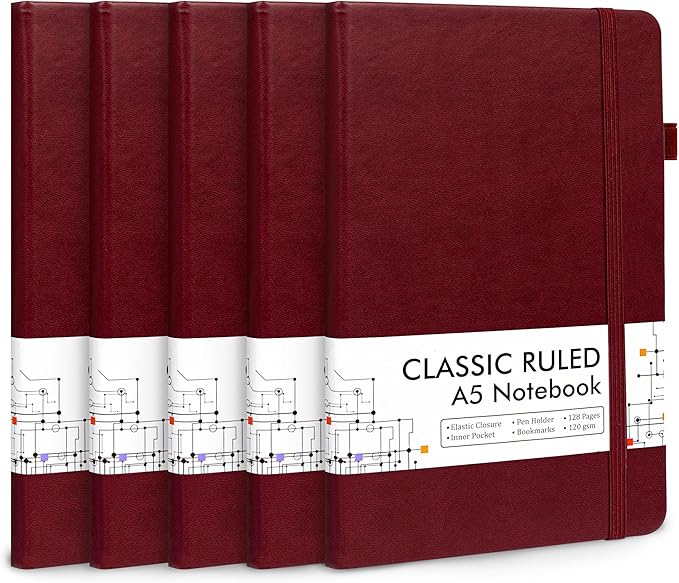 feela 5 Pack Journal Notebook Bulk for School, Hardcover Business Notebooks Classic Ruled Lined Journals with Pen Holder for Work Note Taking, with 5 Black Pens, 120 GSM, 5.1”x8.3”, A5, Wine