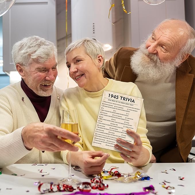 80th Birthday Party Games, Set of 3 Activities for 10 Guests, Born in 1945 Games Bundle, Birthday Party Supplies for Adults, Pack of 30 Cards