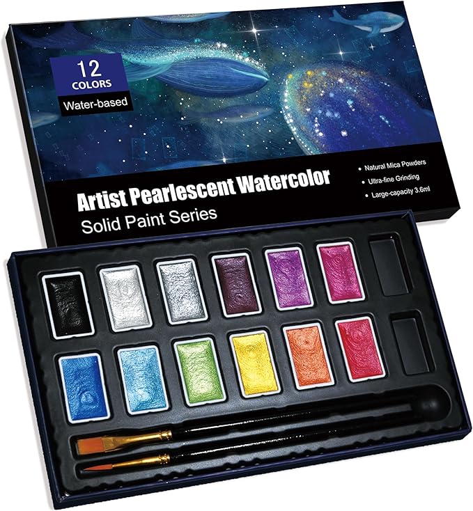 Shimmer Watercolor Paint Set, 12 Colors Glitter Metallic Watercolour Painting Sets, Solid Pearl Water Color Paints for Artists, Amateur Hobbyists and Painting (12 Colors)