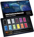 Shimmer Watercolor Paint Set, 12 Colors Glitter Metallic Watercolour Painting Sets, Solid Pearl Water Color Paints for Artists, Amateur Hobbyists and Painting (12 Colors)