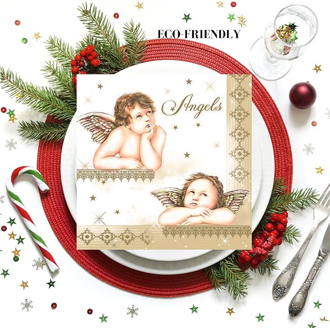 20-ct 13x13 Christmas Paper Decoupage Napkins, 3-Ply Servilletas Tissue Napkin for Dinner and Parties, Disposable Napkins (Famous Angel)