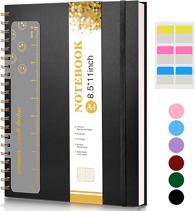 Spiral Notebook Journal 8.5” x 11”, A4 Large Notebooks for Women Men, College Ruled Lined Journal, 100 GSM Paper, Plastic Hardcover Spiral Bound Journals for Work School Note Taking Business, Black