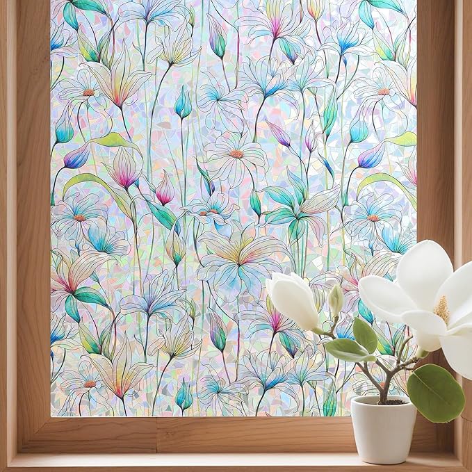 Donox Decorative Window Privacy Film, 3D Floral Stained Glass Window Film Static Cling Rainbow Privacy Sticker for Glass Door Heat Control Anti UV, No Adhesive (Magnolia,17.5 x 78.7 inches)