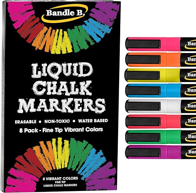 Bandle B. Chalk Markers - 8 Vibrant Fine Tip, Erasable, Non-Toxic, Water-Based, For Kids and Grown-Ups for Glass or Chalkboard Marker for Businesses, Restaurants, Liquid Chalk Markers (Vibrant 1mm)
