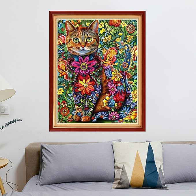 Stamped Cross Stitch Kits - Beach Night Landscape Counted Cross Stitch Kits for Beginners Adults Needlepoint Cross-Stitch Patterns-Flower Cat 16x20 inchs