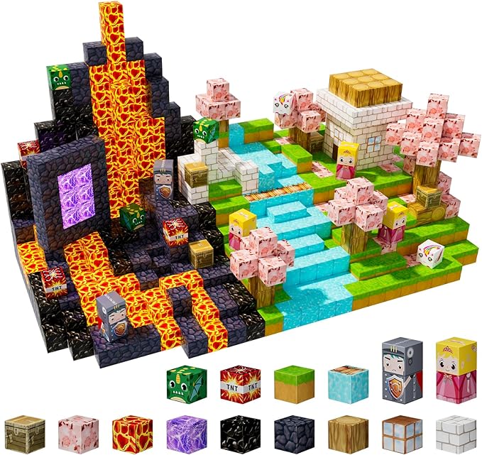 100PCS Magnetic Blocks - Magnet Cubes Toys Stacking, Build Mine Magnet World Magic Portal Set, 2025 Upgraded STEM Montessori Stacking Toy for 3+ Year Old Boys&Girls (Forest and Castle)