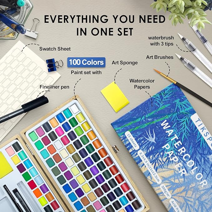 Watercolor Paint Set,100 Colors in Nature Bamboo Box,Portable Water Colors Kit with Papers and Brush Pens,Great for Kids Adults Beginners & Professionals