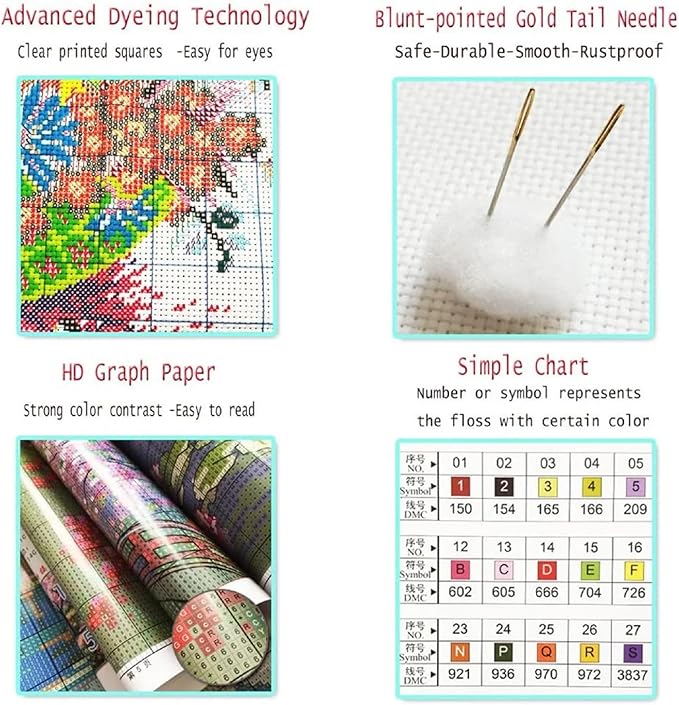 Stamped Cross Stitch Kits - Beach Night Landscape Counted Cross Stitch Kits for Beginners Adults Needlepoint Cross-Stitch Patterns-Flower Cat 16x20 inchs