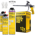 Stanley Quick Bond Adhesive Foam - 12x24oz, Reliable Bond Adhesive for Various Materials, Strong bonding, No Mixing, Gun Use, Including Gun, 2 Cleaners | 12 Pack