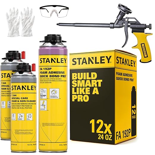 Stanley Quick Bond Adhesive Foam - 12x24oz, Reliable Bond Adhesive for Various Materials, Strong bonding, No Mixing, Gun Use, Including Gun, 2 Cleaners | 12 Pack