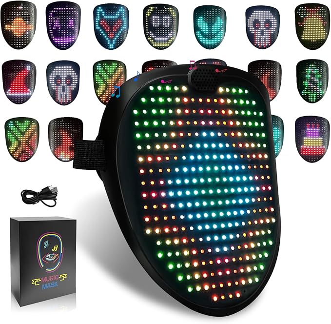 Led Mask with Gesture Sensing, Light up Face Transforming Mask for Halloween Xmas Costume Party