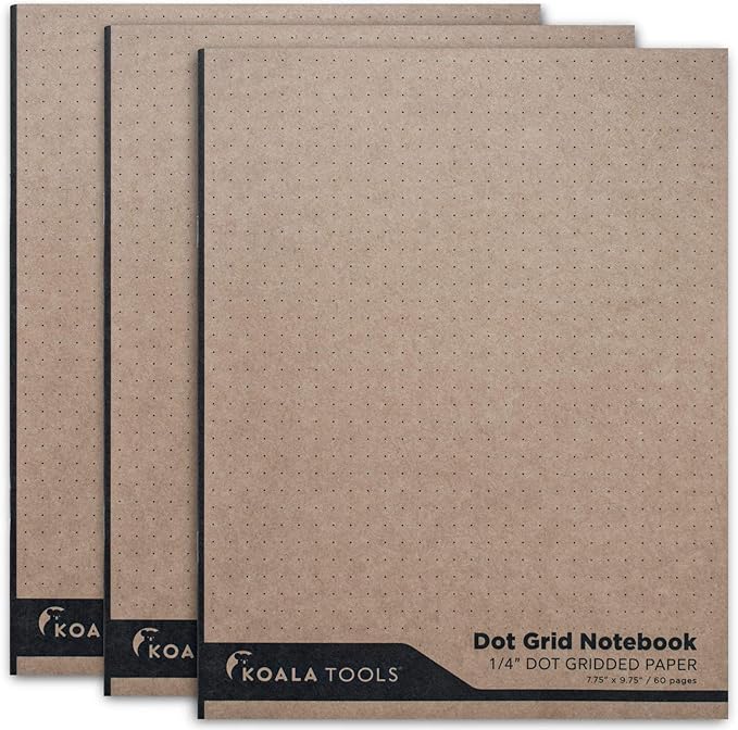 KOALA TOOLS | Large Bullet Notepad - Multi-Use Dot Grid Sketchbook (3 pack) | 7.75" x 9.75", 60 pp. - Durable Kraft Cover with 1/4" Dotted Grid