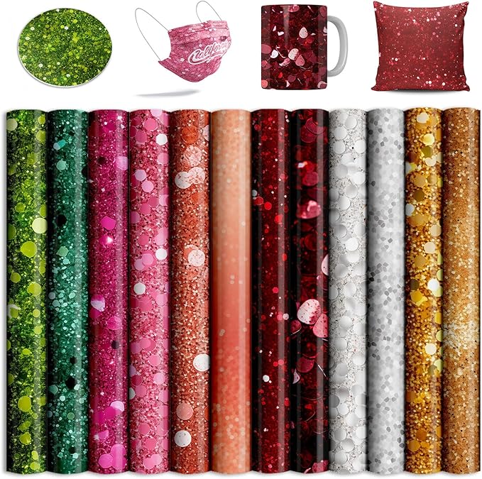Glitter Sublimation Transfer Sheets for Heat Press Machine,Green P Gold Sublimation Paper for Tumblers Blanks Tshirts,12 Sheets 12x12inch