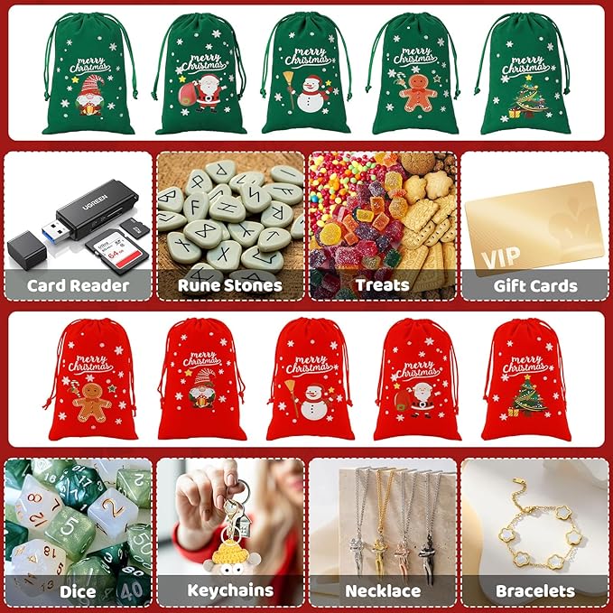 Tapleap Christmas Bags with Drawstring - 50Pcs 4x6 Red and Green Velvet Cloth for Wrapping Dice, Jewelry, Party Favors or Gifts for Friends, Children, Customers