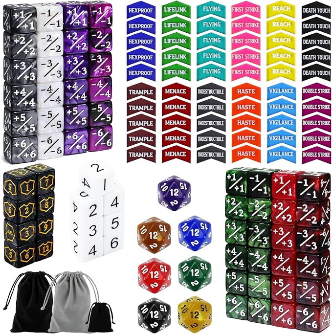 SIXPOINTS 130 Pieces MTG Counter Dice Plus 1 Life Counters Tokens 6 Sided D20 Dice & MTG Counters/Keyword Counters Set Compatible with Magic The Gathering, TCG, Card Games Accessories