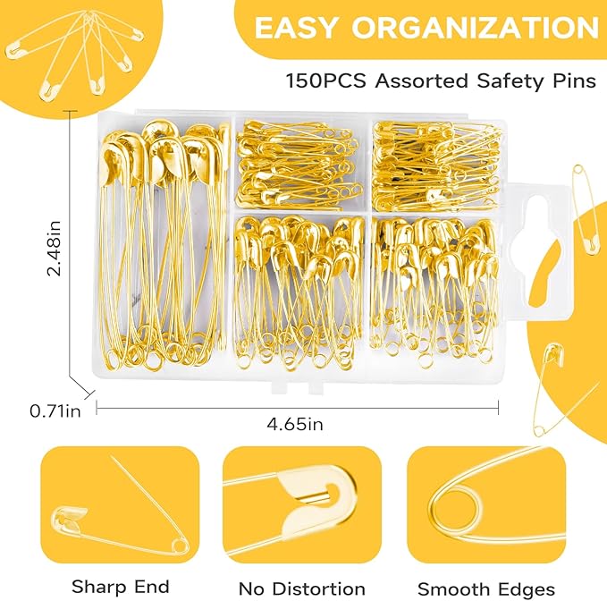 Huhuhero Safety Pins Assorted, 160-Pack 5 Different Sizes Small and Large Safety Pins for Clothes Fabric Costume, Nickel Plated Steel Pin Bulk, Sewing Arts Crafts Supplies, Gold