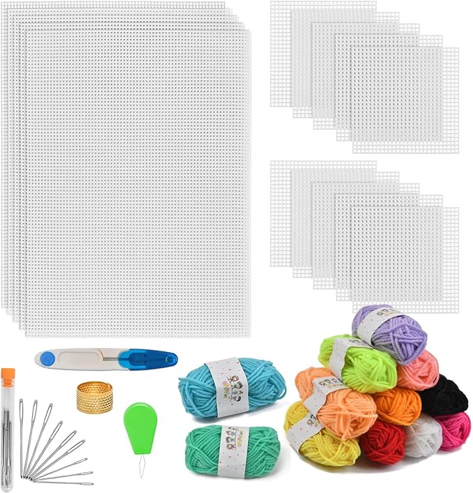 BUYGOO 39Pcs Mesh Plastic Canvas Sheets Kit Including 15 Pieces Clear Plastic Canvas, 12 Color Acrylic Yarn and Embroidery Tools for Embroidery Plastics Canvas Craft