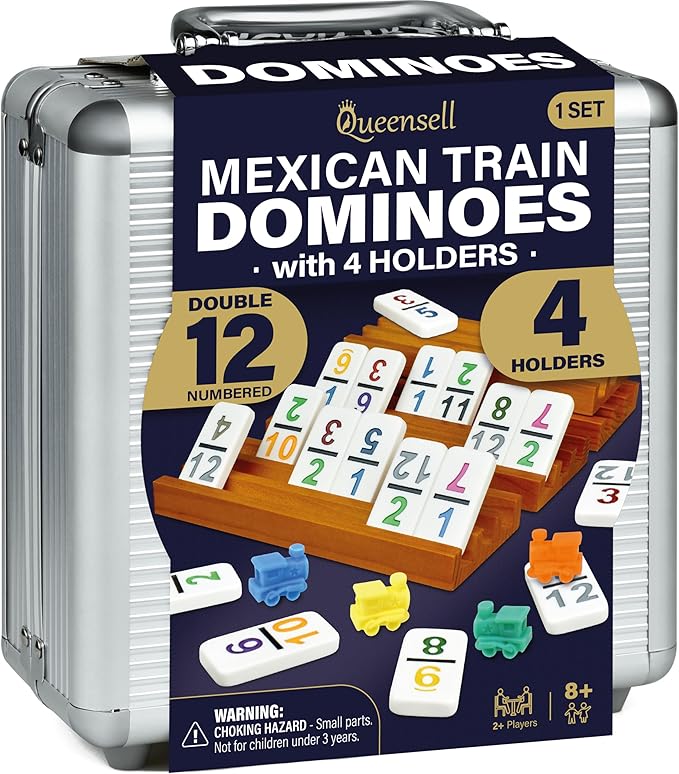 Queensell Mexican Train Dominoes Set with Numbers and 4 Holders - Wooden Hub and Domino Holders - Double 12 with Numbers (D12 Numbers + 4 Holders)