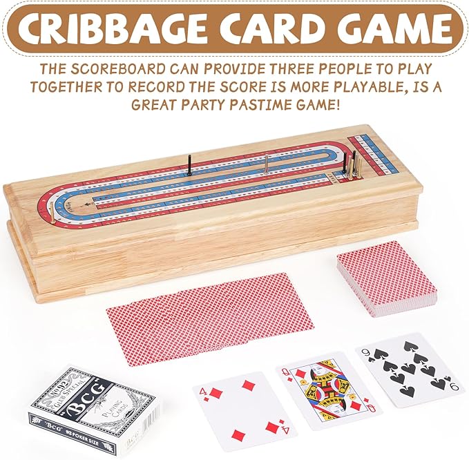 Wooden Cribbage Board Game Set with Storage Drawer & Metal Pegs – Premium 3-Track Cribbage Board with Cards, Portable Travel Strategy Game for Adults, Kids & Family Game Night
