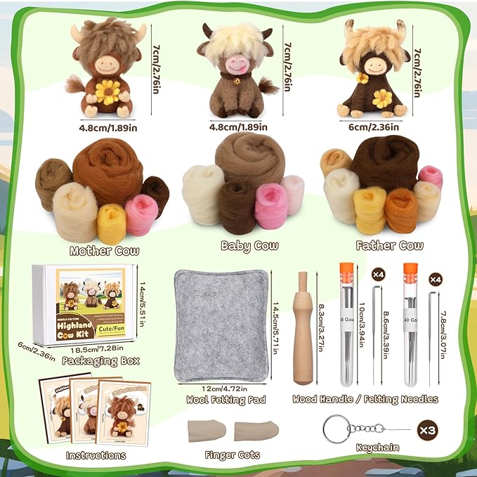 Yizzvb Needle Felting Kit, Highland Cow Family Needle Felt Beginner Kits with Instruction, Wool, Felting Needles, Felting Pad, Wool Felting Kits for Beginners Home Decoration