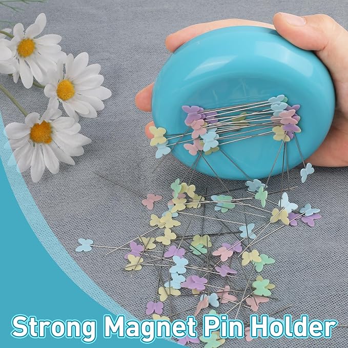 Oukitoymer Magnetic Pin Cushion with 100pcs Butterfly Head Straight Pins, Bobby Pin Holder for Sewing, Magnet Needle Cushion, Paper Clip Collector, Secure Pin Storager, Sewing & Quilting Accessories