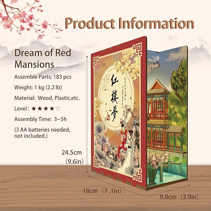 Tonecheer DIY Book Nook Kit for Adults, Wooden 3D Puzzle Bookend Bookshelf Insert Decor, Chinese Booknook Miniature House Kit with Dust Cover and Body Motion Sensor LED Light (Dream of Red Mansions)