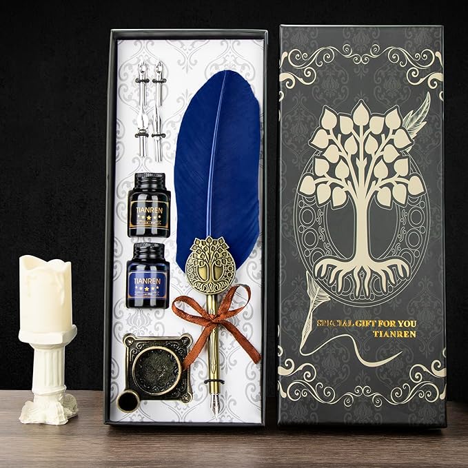 Quill pen ink set,Feather Pen and Ink Set,Antique Calligraphy Pen with 4 Replaceable Nibs,2 Bottle of ink,Feather Dip Pen Holder Christmas Gift for Men&Women.(Blue)