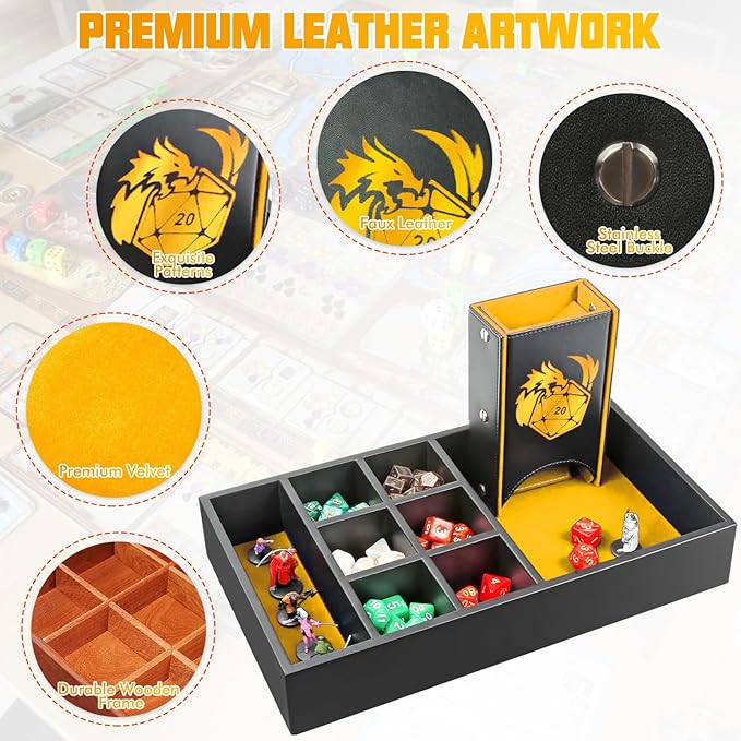 DND Dice Tray & Tower Storage Box, 4 in 1 D&D Dice Holder Case (Dice Rolling Tray, Dice Roller Tower, Dice & Miniature Storage), Great RPG Accessories Gifts for Dungeons and Dragons MTG DM & Player