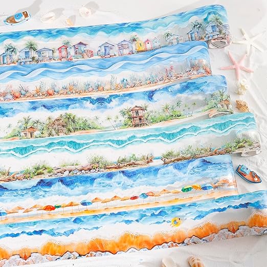 6 Rolls PET Tape Stickers for Journaling,Ocean Washi Tape Stickers for Scrapbook Supplies,Junk Journal,DIY Craft,Painting(Coast)