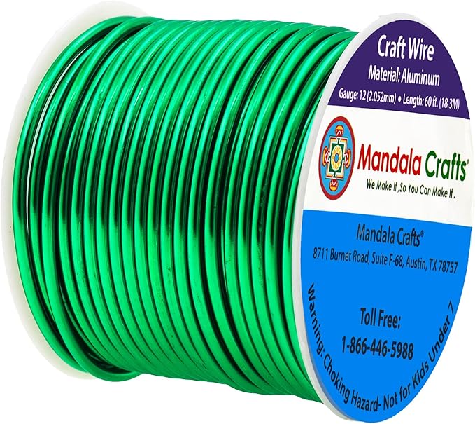 Mandala Crafts 12 Gauge Anodized Aluminum Craft Wire for Jewelry Making - 60 FT Colored Flexible Kelly Green Wire - Bendable for Bonsai Armature Crafting Sculpting