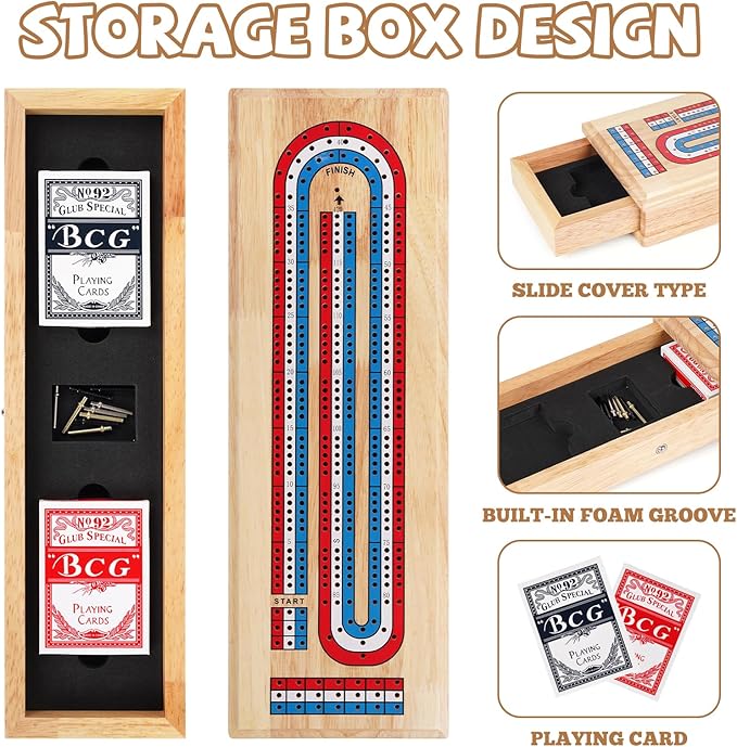 Wooden Cribbage Board Game Set with Storage Drawer & Metal Pegs – Premium 3-Track Cribbage Board with Cards, Portable Travel Strategy Game for Adults, Kids & Family Game Night