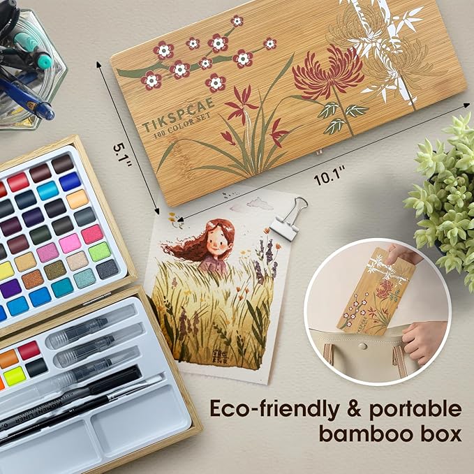 Watercolor Paint Set,100 Colors in Nature Bamboo Box,Portable Water Colors Kit with Papers and Brush Pens,Great for Kids Adults Beginners & Professionals
