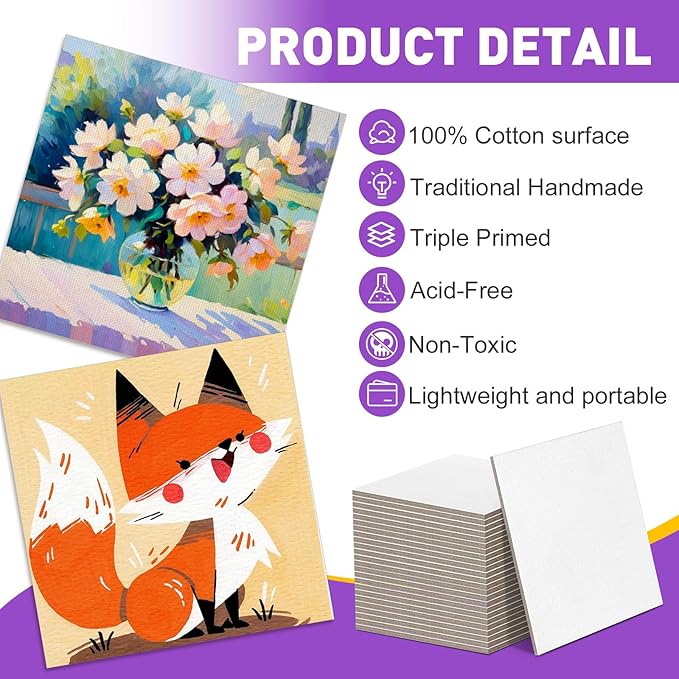 ESRICH 24 Pack 3x3IN Mini Magnetic Canvas Panels, Small Canvases for Painting for Oil, Watercolor, Acrylic Painting & DIY Crafts with 24PCS 3x3IN Square Flat Canvas Boards, 24PCS Soft Magnets