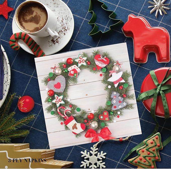 20-ct 13x13 Christmas Paper Decoupage Napkins, 3-Ply Servilletas Tissue Napkin for Dinner and Parties, Disposable Napkins (Wreath X)