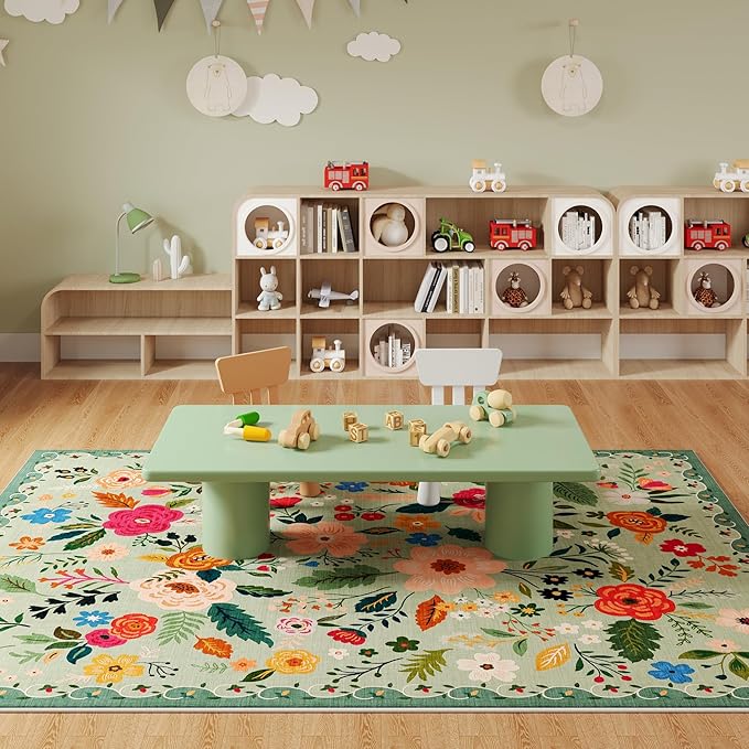 Rugcomf Area Rugs 8x10 Rug for Living Room Clearance Washable Boho Area Rug Non Slip Floral Vintage Low Pile Large Rug for Living Room, Bedroom, Farmhouse, Dining Room, Kids Playroom(Green)