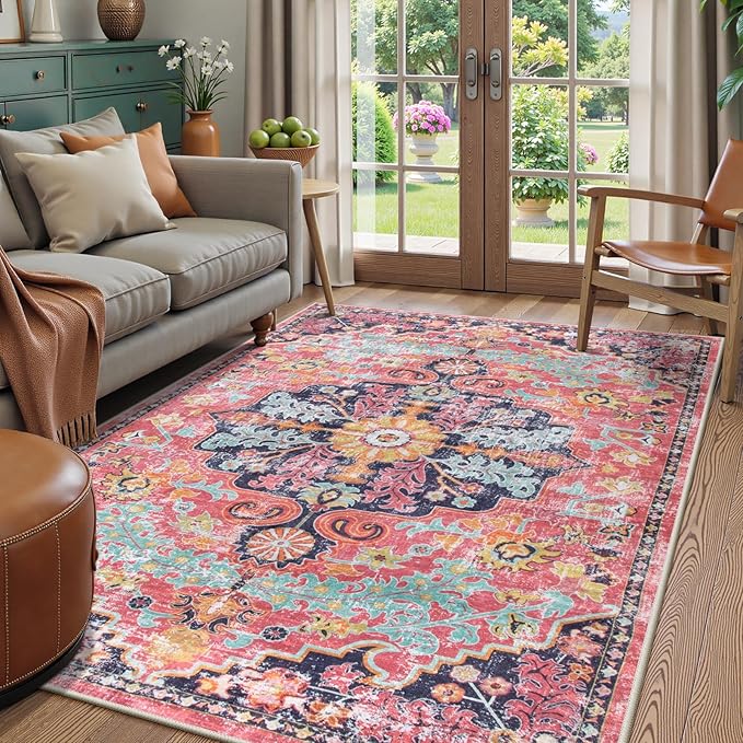 Lahome 5x7 Boho Living Room Rug Colorful Bedroom Rug, Large Bohemian Nursery Rugs, Hot Pink Non-Slip Machine Washable Soft Playroom Mat Indoor Floor Accent Carpet for Dining Table Mud Room