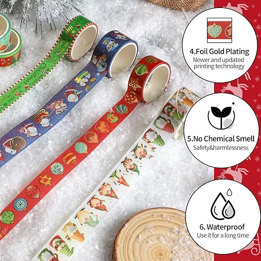 16 Rolls Christmas Washi Tape Holiday Masking Tape 4 Sizes Red Green Christmas Wrapping Tape Glod Foil Decorative Tape for Christmas Scrapbook Journal DIY Craft Gift Wrapping（Christmas