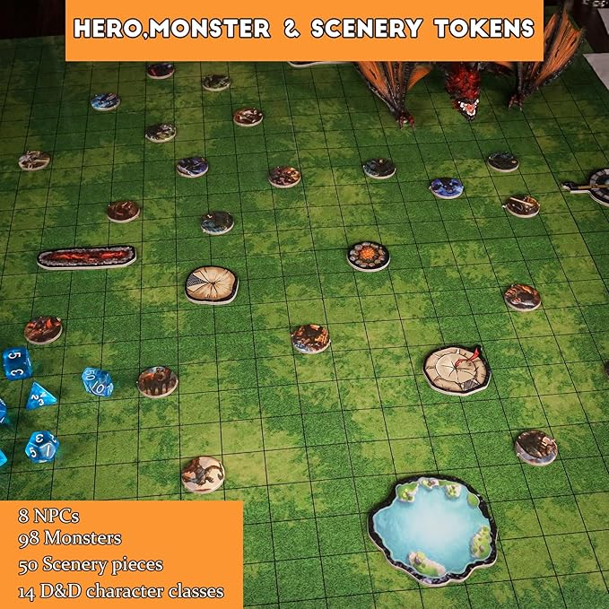 CZYY Foldable Battle Mat with DM Screen, Game Tokens, Dice Set, Markers - 2-Sided Wet & Dry Erase Terrain, Ultimate DND Starter Set, Accessories, Gift for Dungeon Master & Player