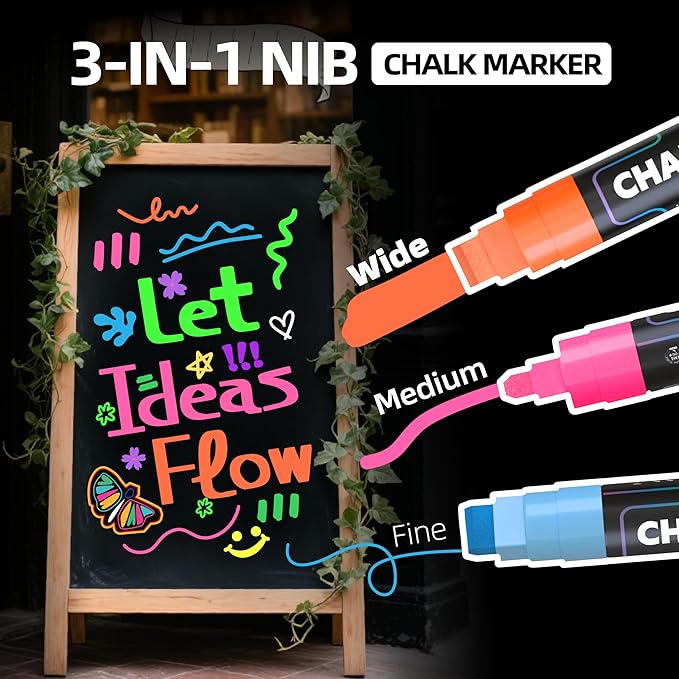 WUO Window Chalk Markers,12 Colors Car Markers,15mm 3-In-1 Jumbo Wide Nib, Dust-Free & Non-Toxic - Erasable Blackboards Marker For Rock Painting, Poster, Stone, Ceramic, Glass
