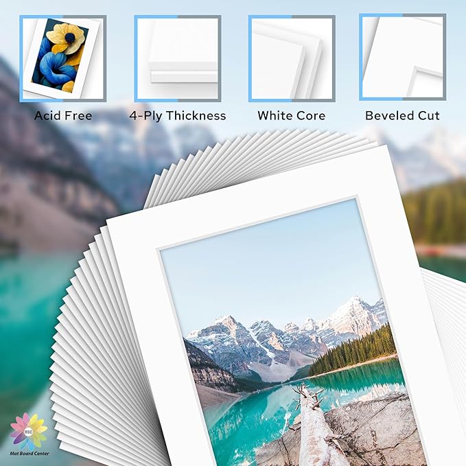 Mat Board Center, Pack of 25, 5x7 for 4x6 White Mat Kit - Acid Free, 4-ply Thickness, White Core - Includes Backing Boards and Clear Bags - for Pictures, Photos, Framing