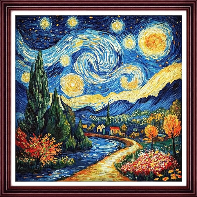 Redxing Stamped Cross Stitch Kits Full Range of Embroidery Starter Kits- Needlepoint Counted Cross Stitch Kits for Beginner Adults 11CT Printed Embroidery Kit-Van Gogh Starry Sky Garden 18x18 inch