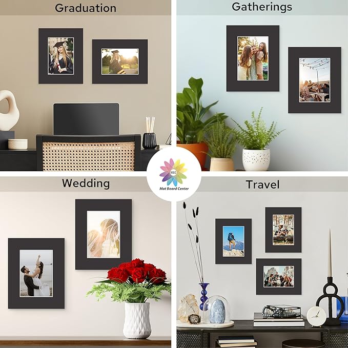 Mat Board Center, 8X10 Black Mats for 5X7 Pictures - Acid Free, 4-Ply Thickness, White Core, Bevel Cut - for Artworks, Photos, Framing - Pack of 12